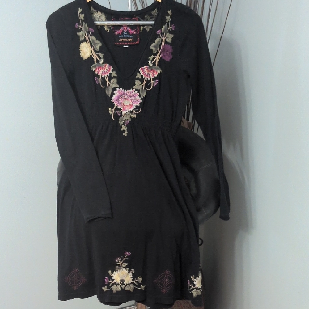 Johnny Was Black Dress with Floral Embroidery